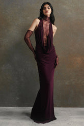 Evelyn Plunging Cowl Lace Bodice Maxi Dress